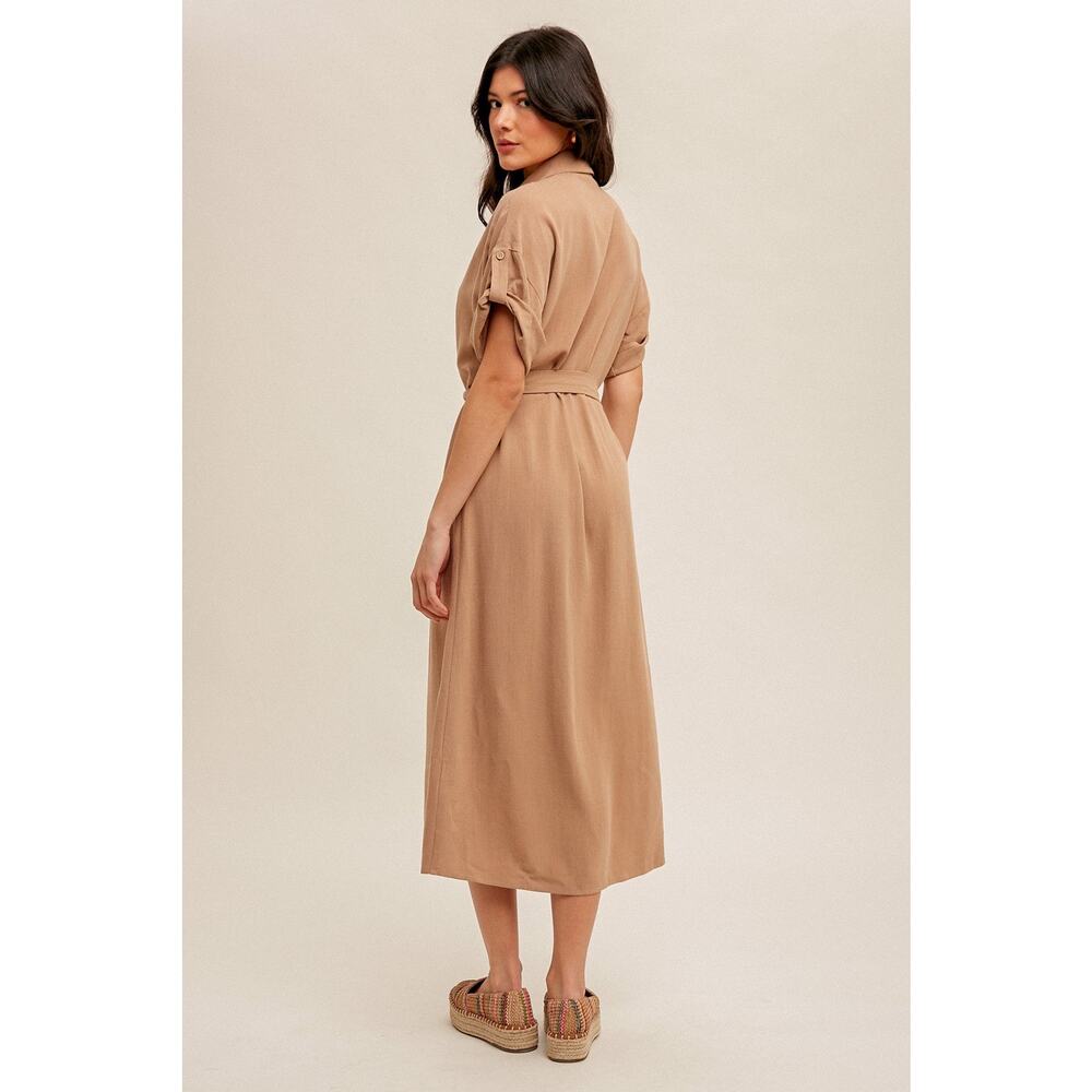V-neck Self Tie Belt Short Sleeve Shirt Dress - Picture 3 of 3